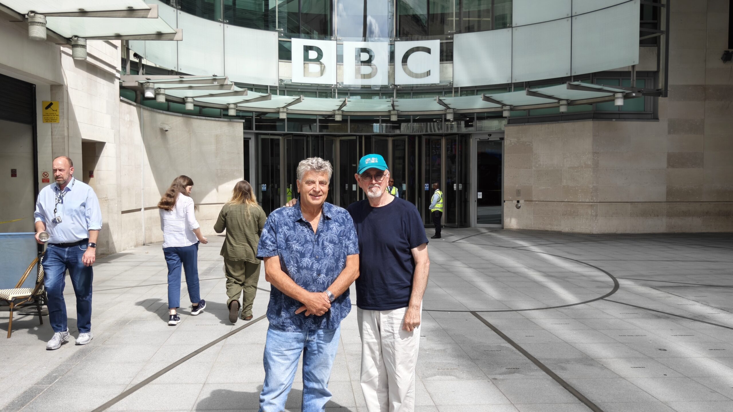 Alan Knight and Peter Egan stand outside the BBC