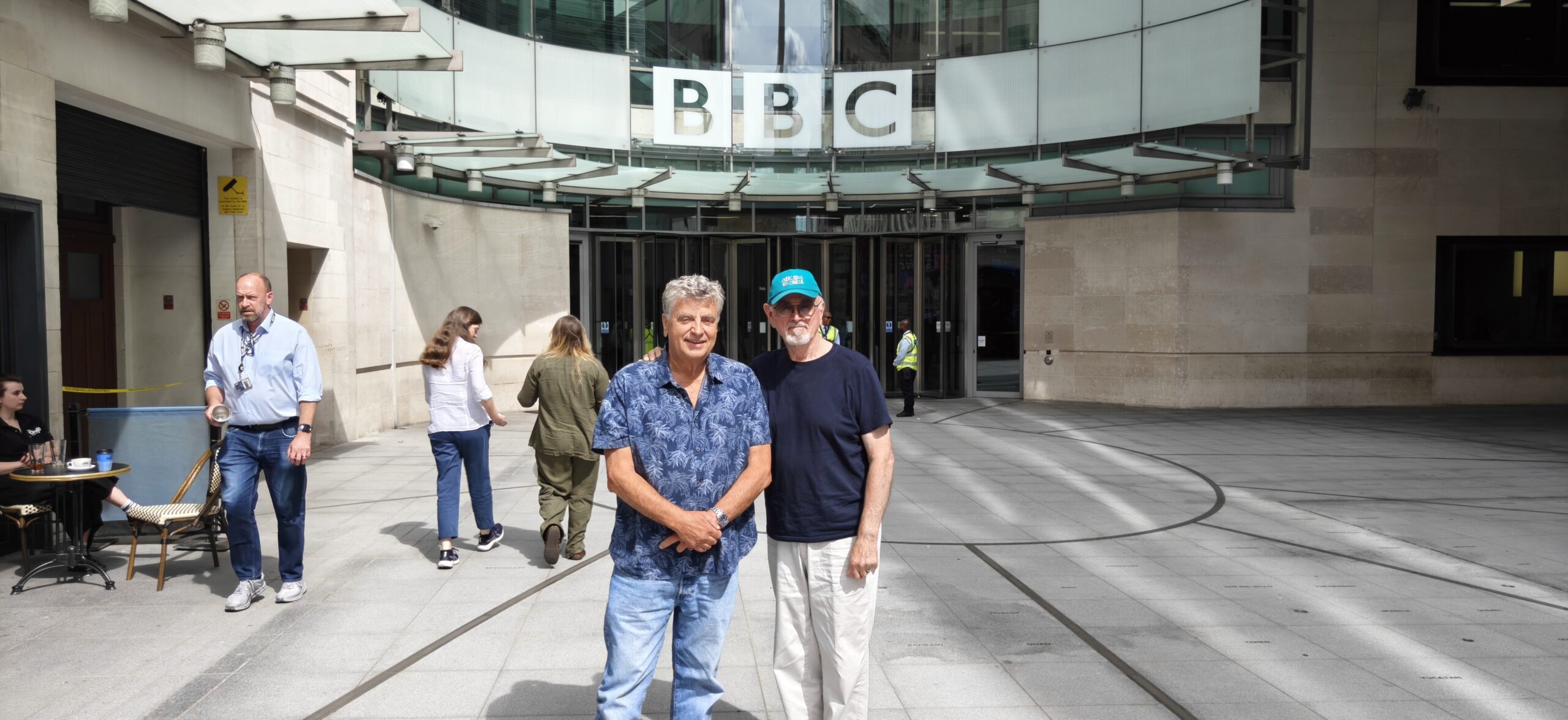 Alan Knight and Peter Egan stand outside the BBC
